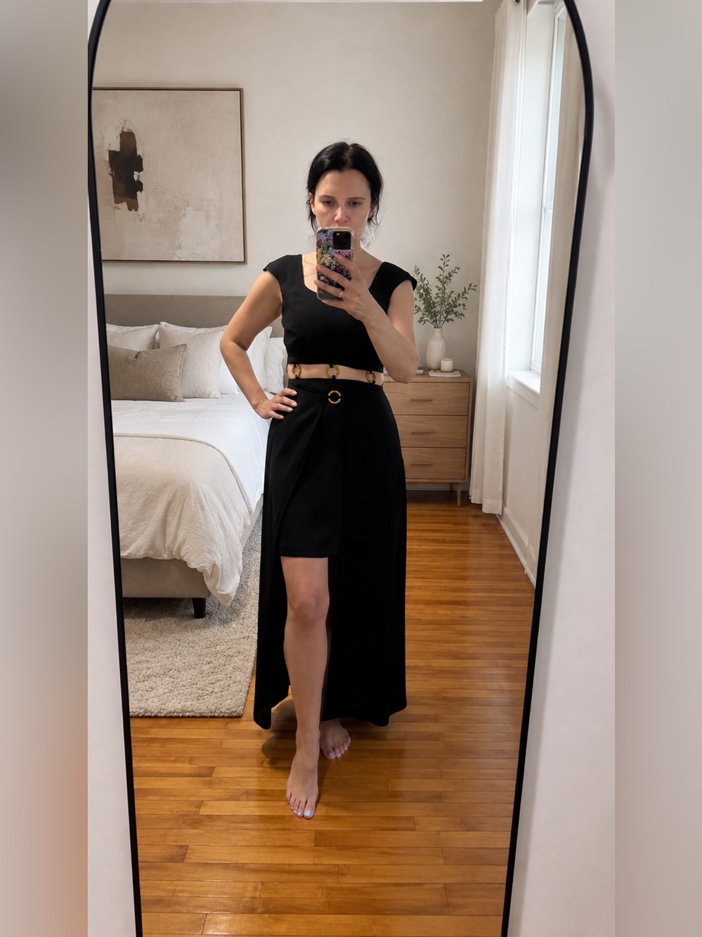 Joseph Ribkoff Black High-Low Cap Sleeve Dress with Gold Accent Belt